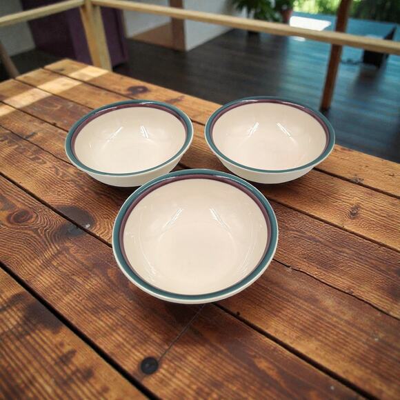 Pfaltzgraff Juniper Ivory Cereal Bowls 6" Green & Plum Band USA Set of 3 - Picture 1 of 6